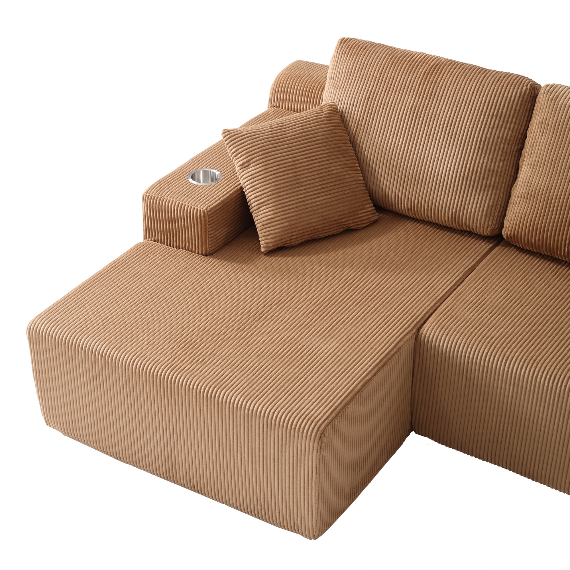 130" U-Shaped Boneless Modular Sectional Sofa with Chaise, 6 Pillows and Cup Holders