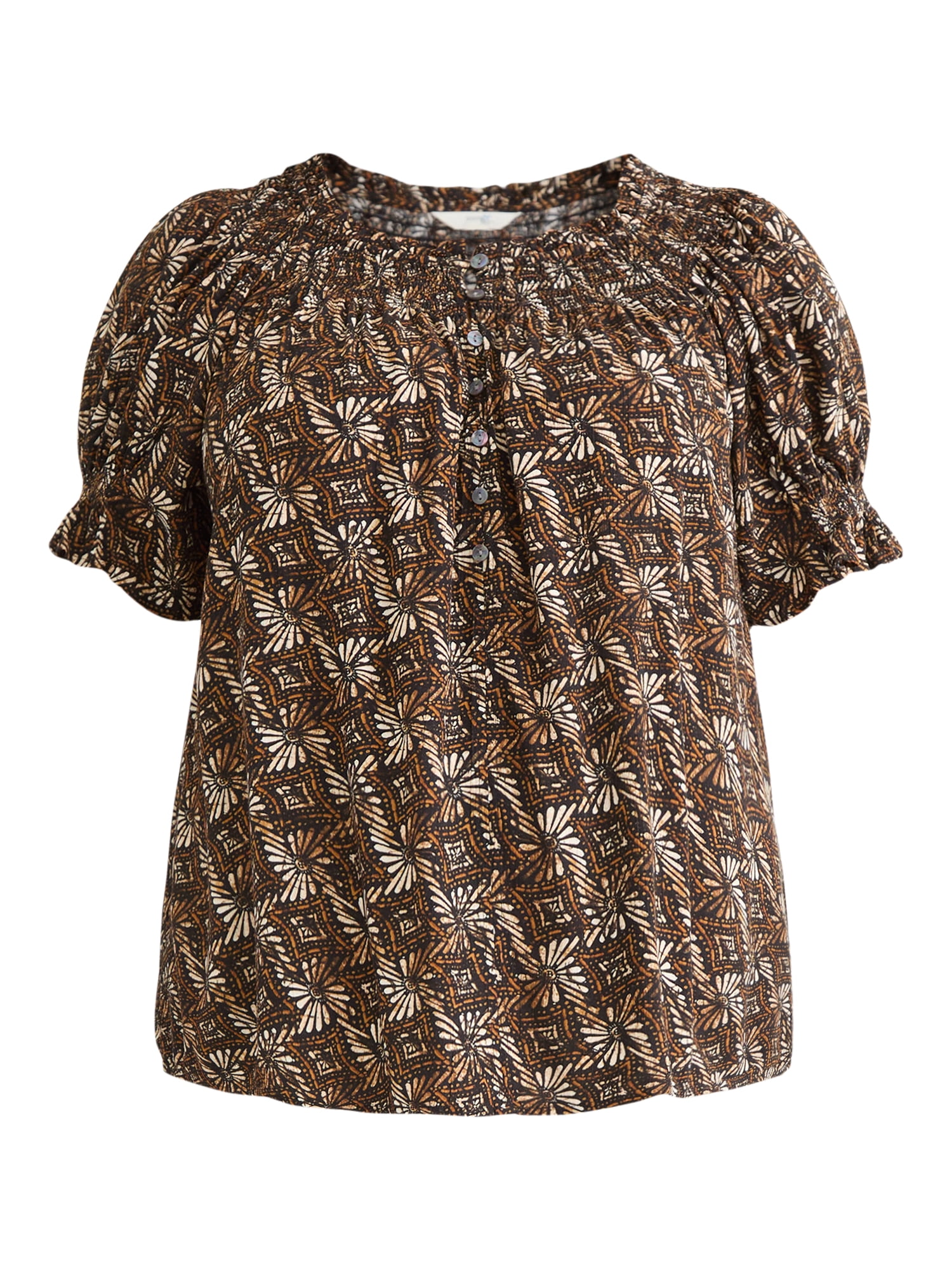 Terra & Sky Women's Plus Size Peasant Top, Short Sleeve, Smocked