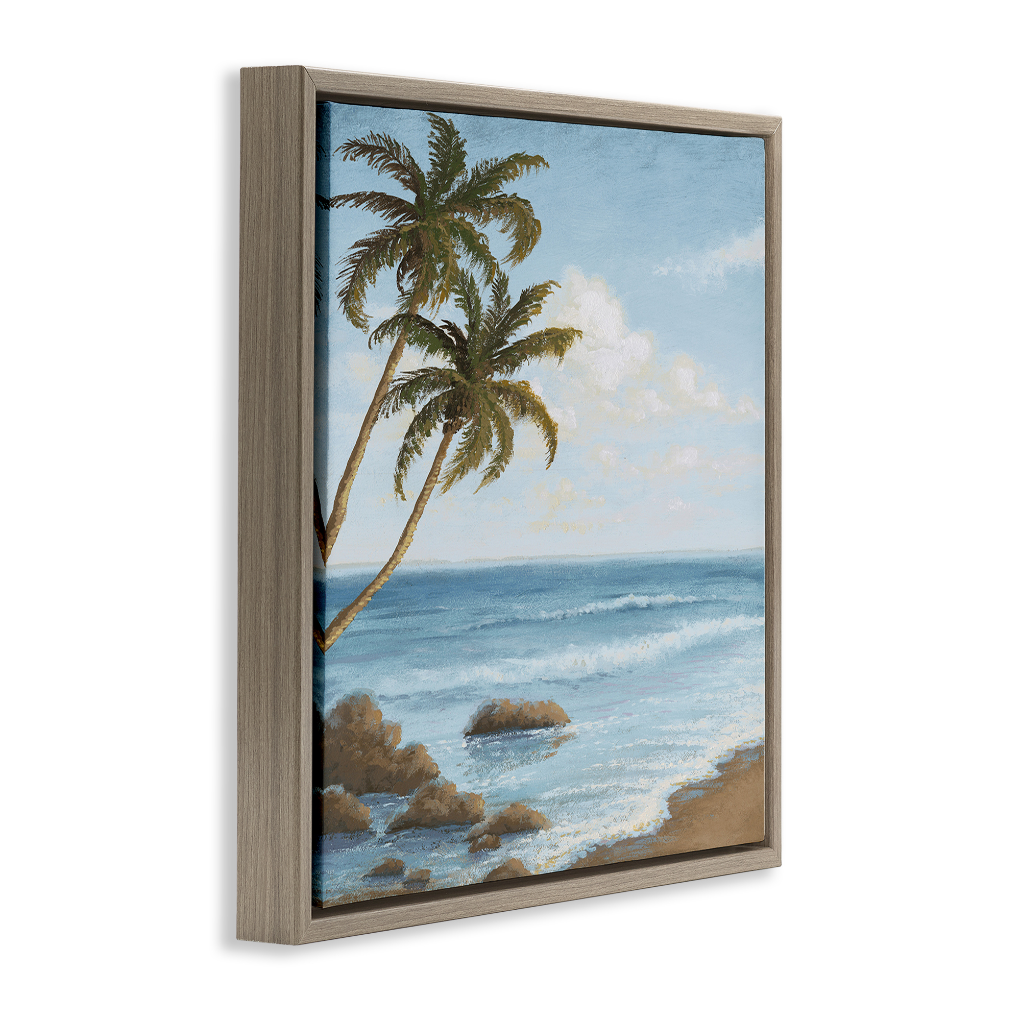 Stupell Industries Palm Trees Looming Beach Coastal Painting Brown Floater Framed Canvas Art Print Wall Art, 25 x 25