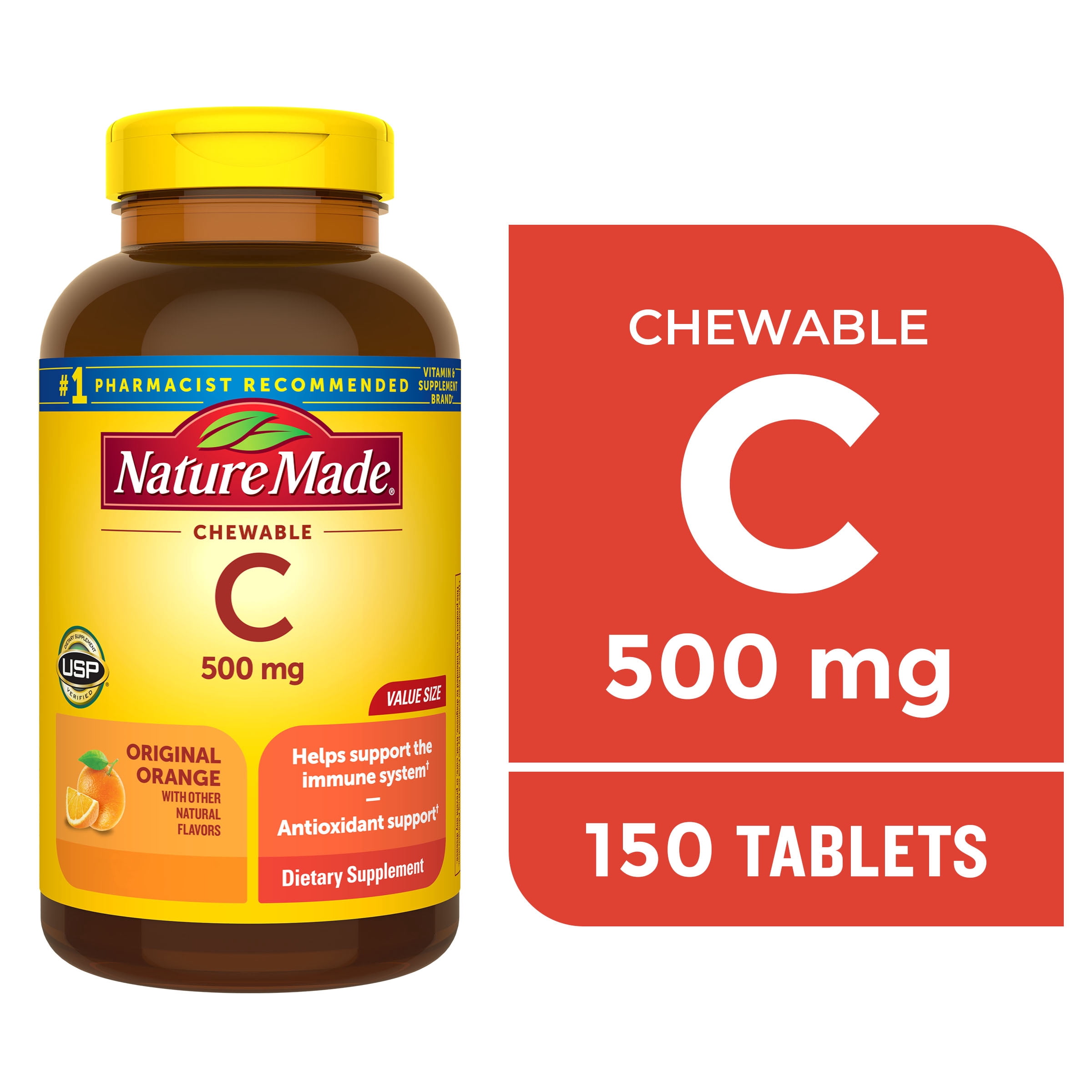 (2 pack) Nature Made Chewable Vitamin C 500 mg Tablets, Dietary Supplement for Immune Support, 150 Ct