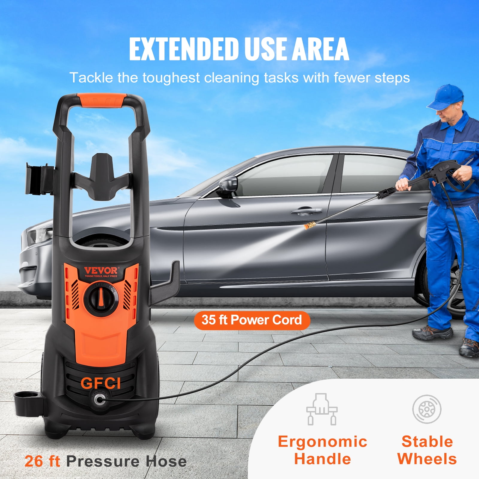 VEVOR Electric Pressure Washer, 2150 PSI, Max. 1.8 GPM Power Washer w/ 26 ft Hose & Reel, 4 Quick Connect Nozzles, Foam Cannon, Portable to Clean Patios, Cars, Fences, Driveways, ETL Listed