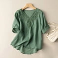 thumbnail image 2 of Womens Tops Short Sleeve Embroidered Tops Floral Cotton Linen Tunic Tshirt Tee 3/4 Sleeve V Neck Button Boho Ethnic Fashion Clothes Blouses Dressy Casual Women, 2 of 6