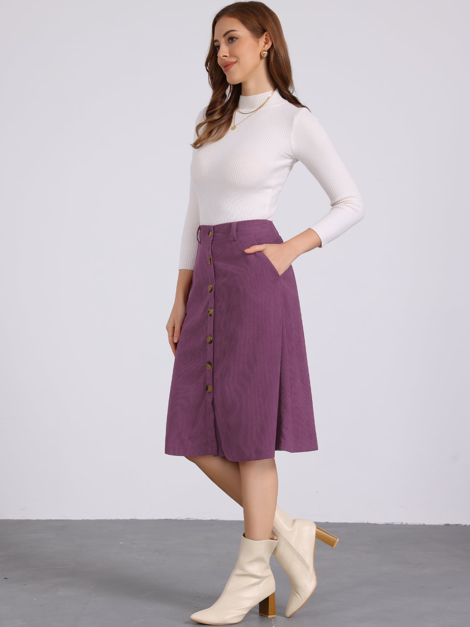 DARING DIVA Women's High Waist Button Front A-Line Belted Corduroy Skirt M Dark Purple