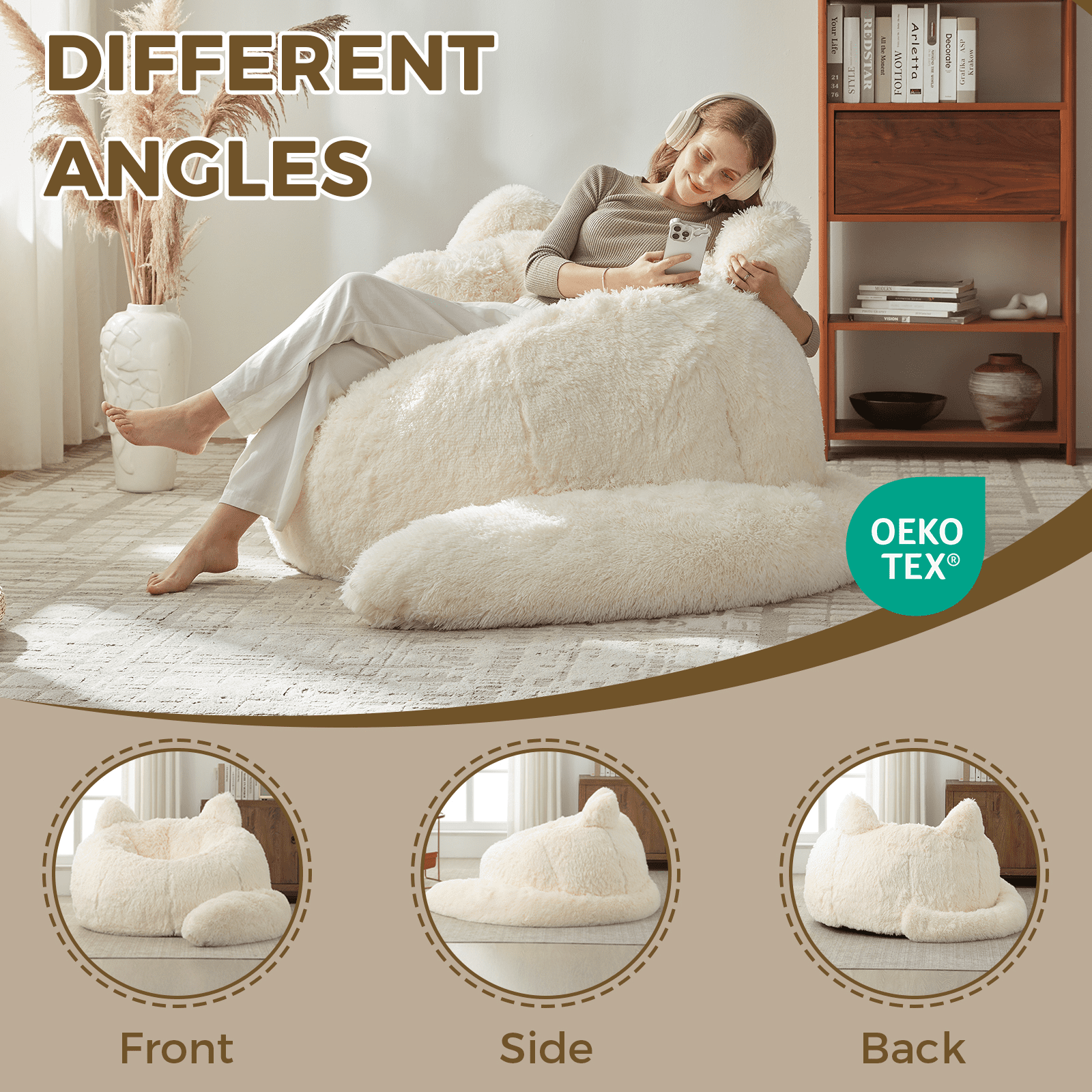 Ebenchico 3.6ft Cat Shaped Bean Bag Chair for Adults Teens Kids, Giant Faux Fur Plush Beanbag Chairs with Filler, Beige