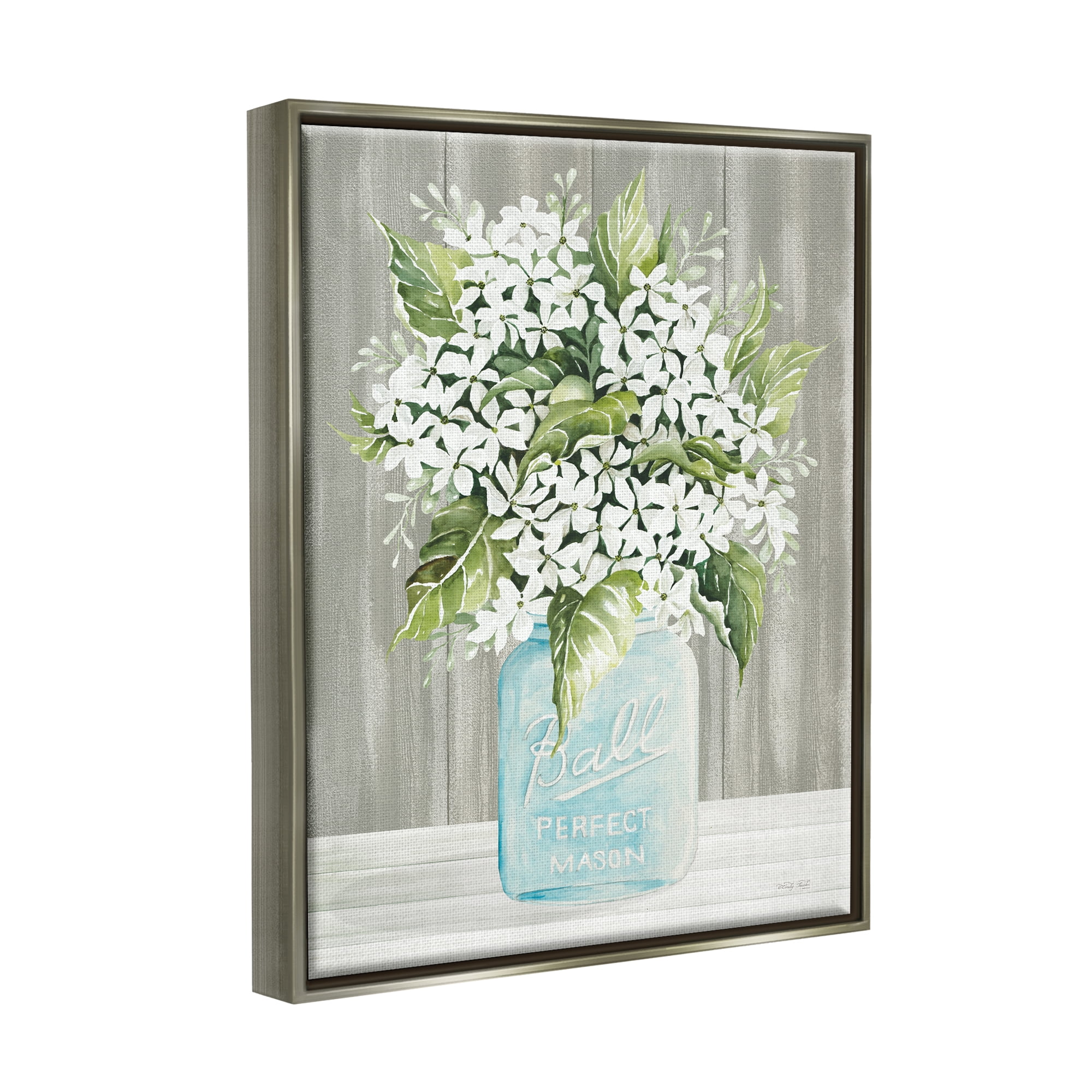 Stupell Industries Rustic Jar Bouquet Botanical & Floral Painting Gray Floater Framed Canvas Art Print Wall Art, 17 x 21