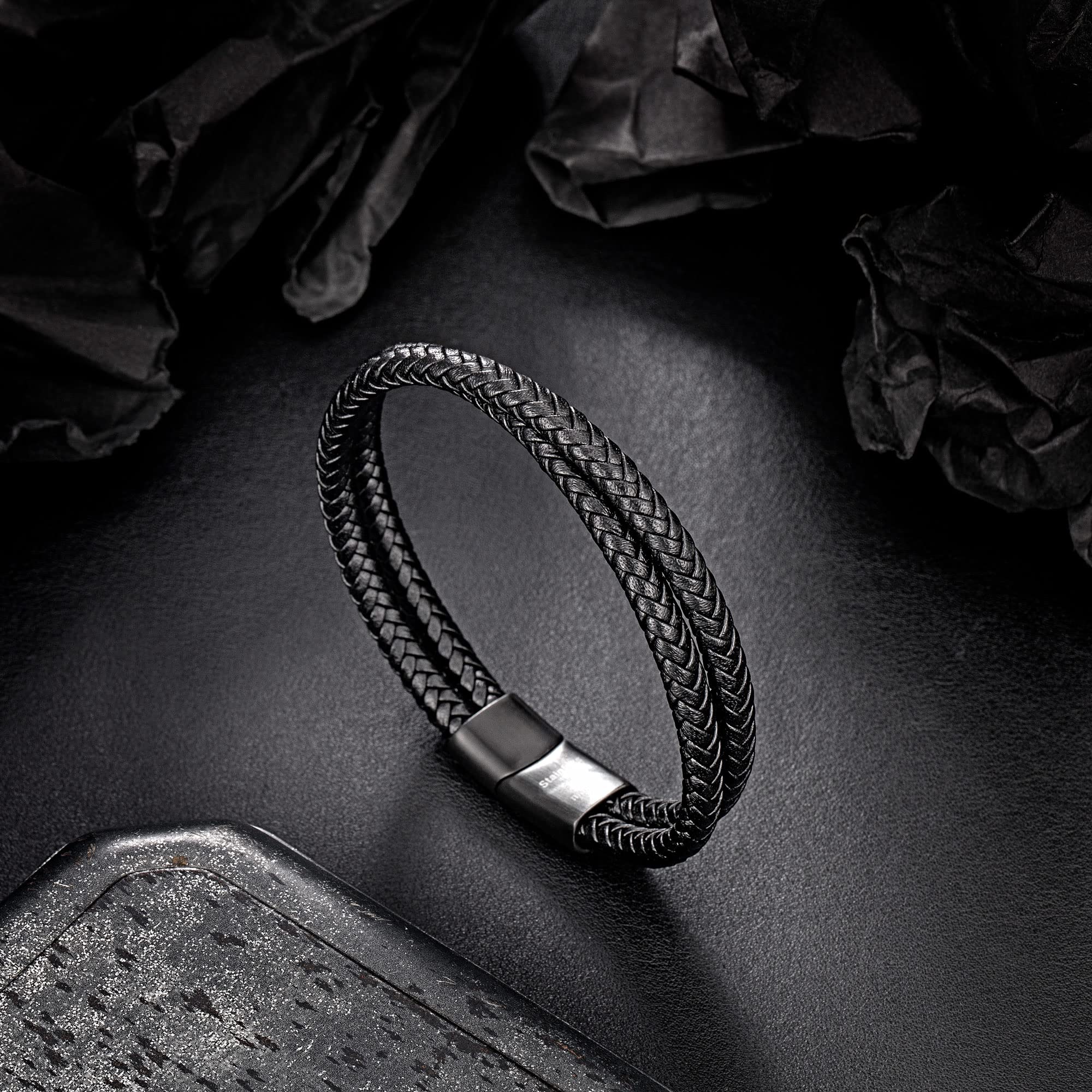 murtoo Mens Bracelet Leather Braided, Brown and Black Leather Bracelet for Men, Gift for Men Husband Father Boyfriend