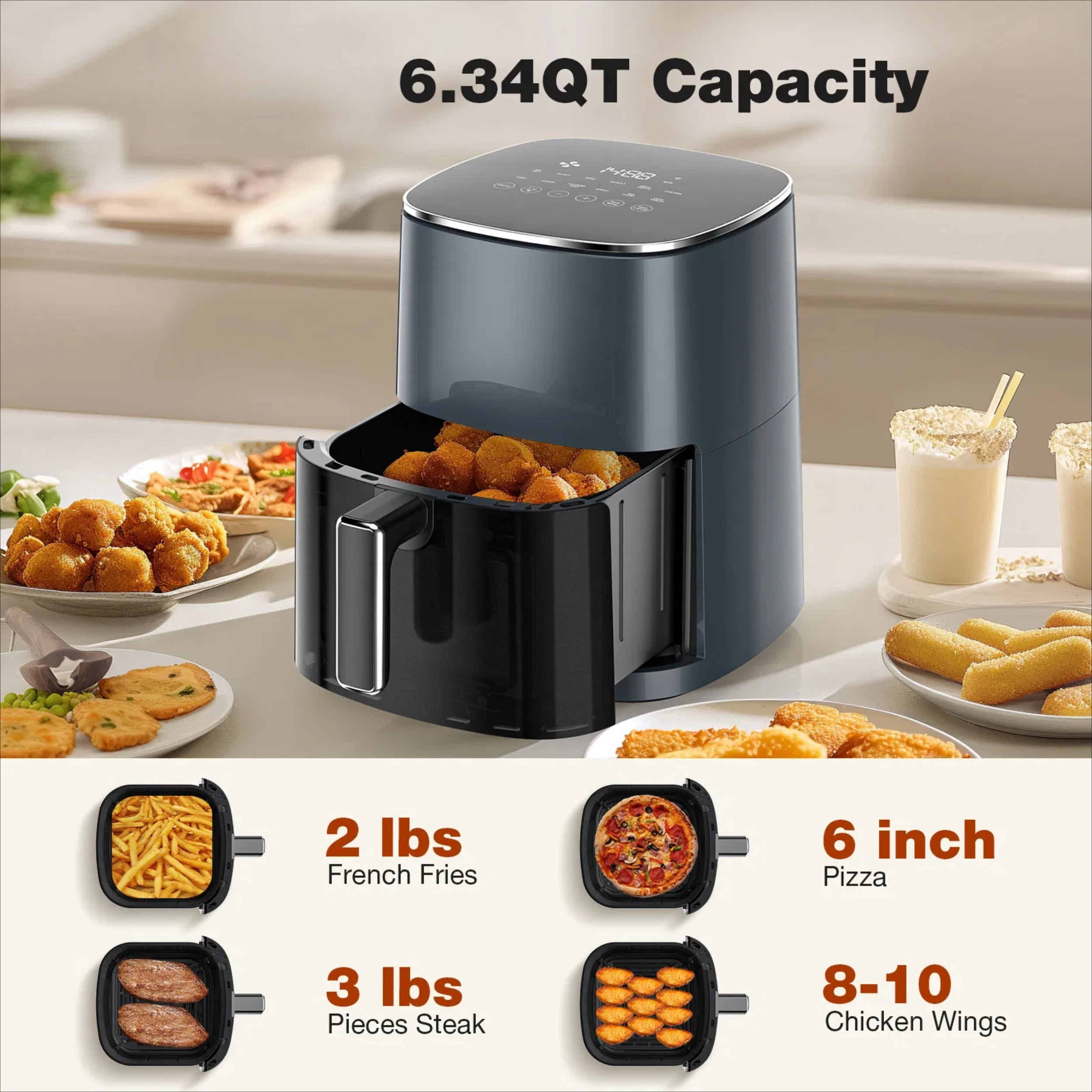 6-quart Capacity Air Fryer, Square 12-in-1 Multi-functional Eco-friendly Cooking Appliance, with A Viewing Window and LED Control Panel