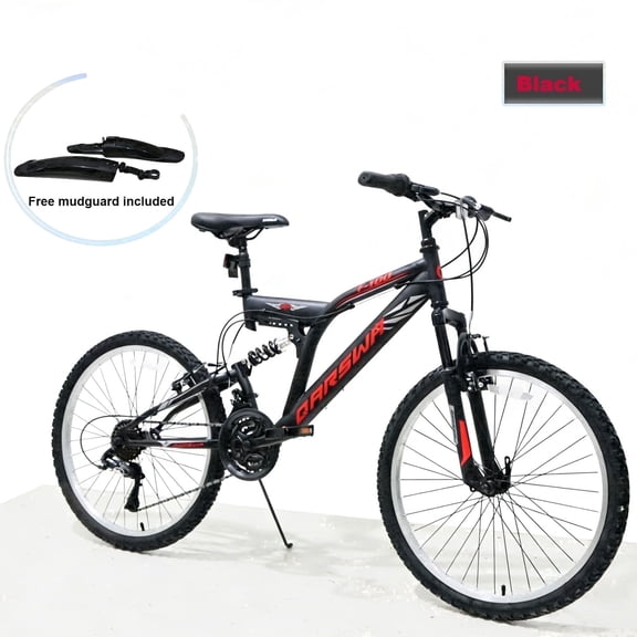 24" Inch Mountain Bike for Men & Women, 21-Speed Full Suspension MTB, High-Carbon Steel Frame, Quick Release Front Wheel, Dual Fenders Bicycle