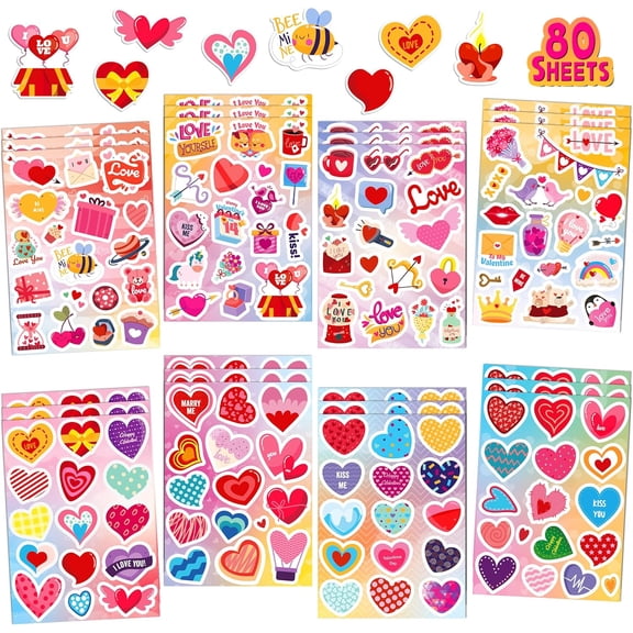 VALENTINES Heart Stickers for Kids, 80 Sheets Valentines Day Stickers Bulk, 1330PCS Love Stickers Sheets for Boys Girls Party Favors Supplies
