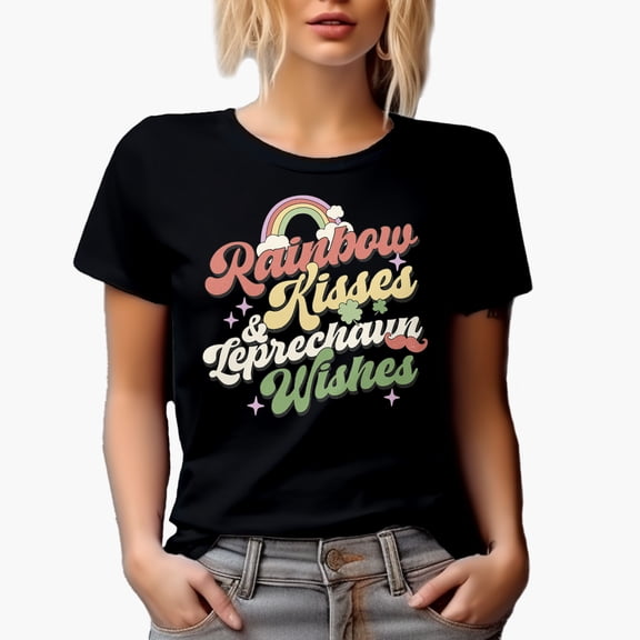 Distressed Retro Rainbow Kisses & Leprechaun Wishes, St. Patrick's Day Art Merch Gift, Black T-Shirt, Small