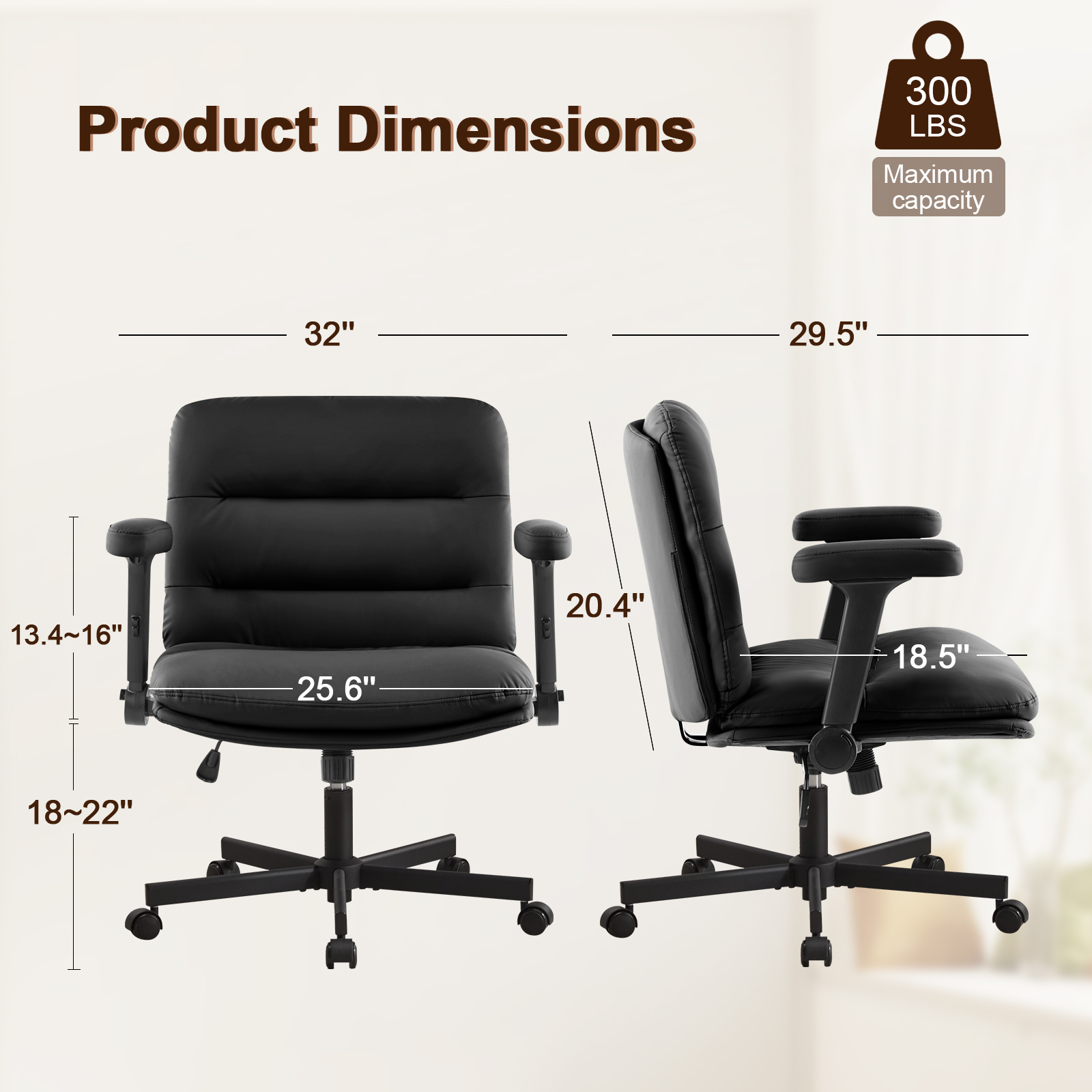 Falvinoryn 25.6" Wide Seat Office Chair, High Back Ergonomic Task Chair with Padded Adjustable Armrests and Double Cushion, Swivel Home Office Desk Chair for Office, Bedroom (Black)