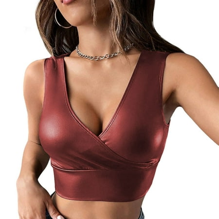 Sexy PU Faux Leather V-Neck Cropped Top Womens Lingerie Fashion High Street Sleeveless Vest Tank Tops Camis
