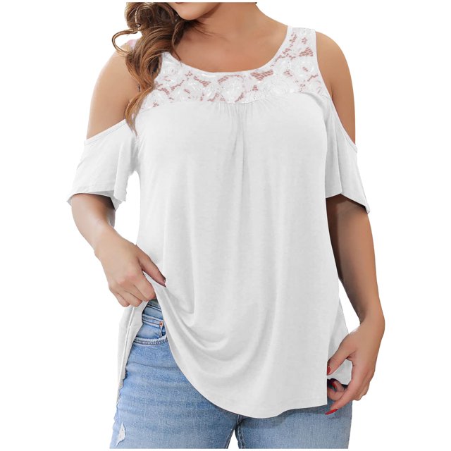Pompotops Mode Femme Blouse Décontractée Col Rond Unie Dentelle Manches Courtes T-Shirt Été Grande Taille