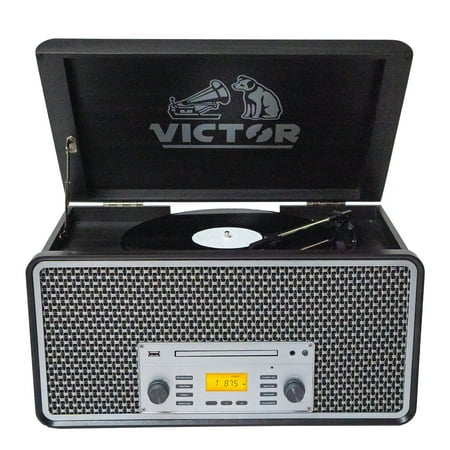 Victor 3-Speed Record Player Turntable with Built-In Stereo Speakers, Bluetooth, USB, Hinged Dust Cover, Graphite