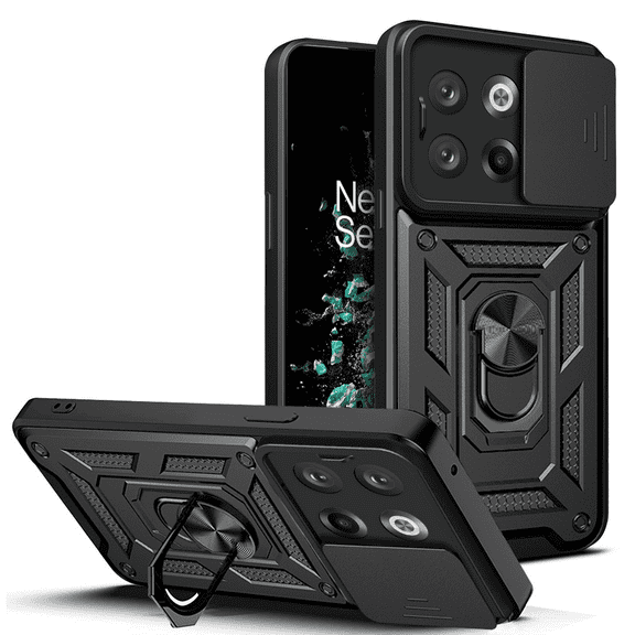 For OnePlus 10T 5G Armor Dual Layer Metal Ring Stand Magnetic Car Mount Hybrid Impact Protective Shockproof Case Cover Black