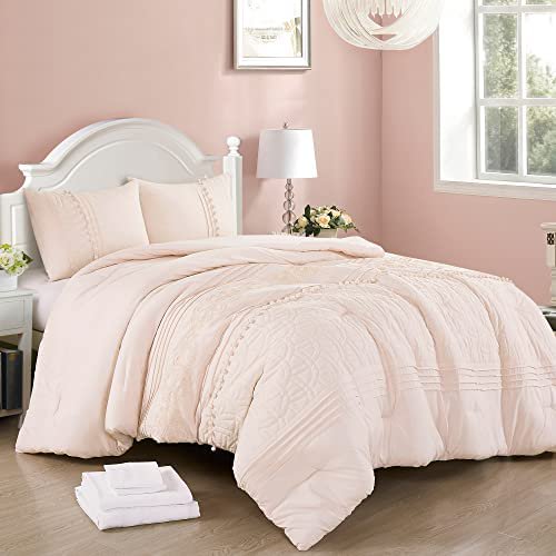 Athena King Bed In A Bag 7Pieces Floral Chenille Embroidered Pom Pom