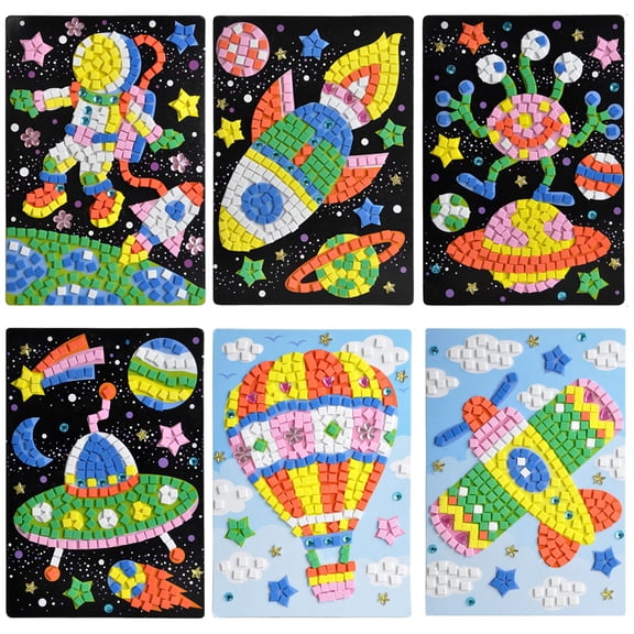 Jacone Mosaic Sticker Art Sticky DIY Handmade Art Kits for Kids – Astronaut, Spaceship, Alien, UFO, Hot-air Balloon, Airplane(6 Pack)