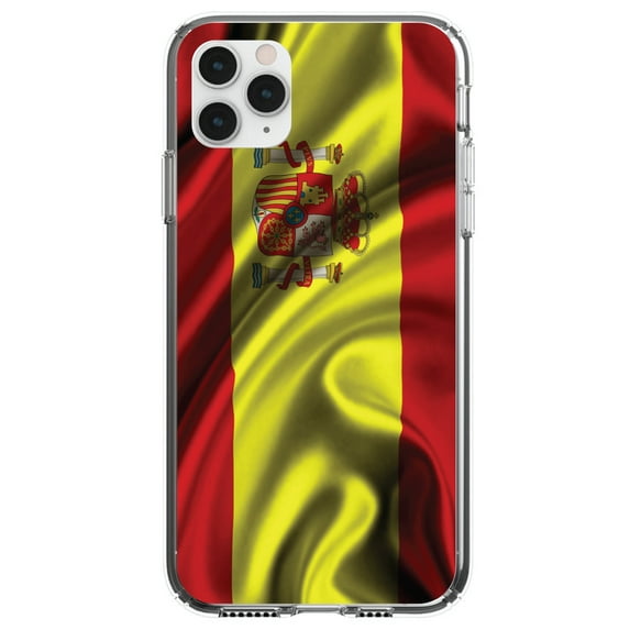 DistinctInk Clear Shockproof Hybrid Case for iPhone 13 PRO (6.1" Screen) - TPU Bumper, Acrylic Back, Tempered Glass Screen Protector - Spain Waving Spanish Flag Red Yellow - Love of Spain