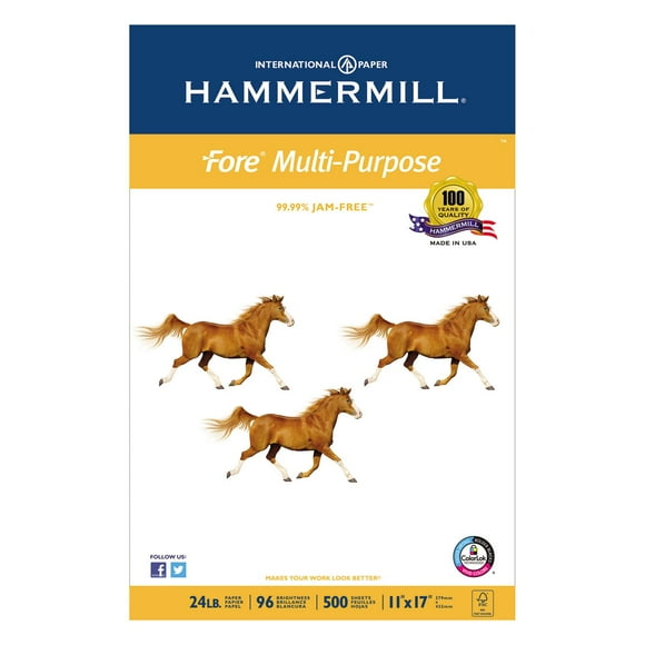 Hammermill Printer Paper, Fore Multipurpose 24 lb Copy Paper, 11 x 17 - 96 Bright, Made in the USA, 102848R - 1 Ream (500 Sheets)