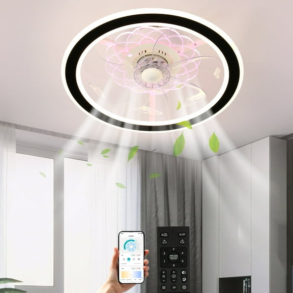TCFUNDY 18" LED Ceiling Fan Light Kit, Low Profile Ceiling Fan with Light, Modern Style Chandelier, Remote & App Control, White