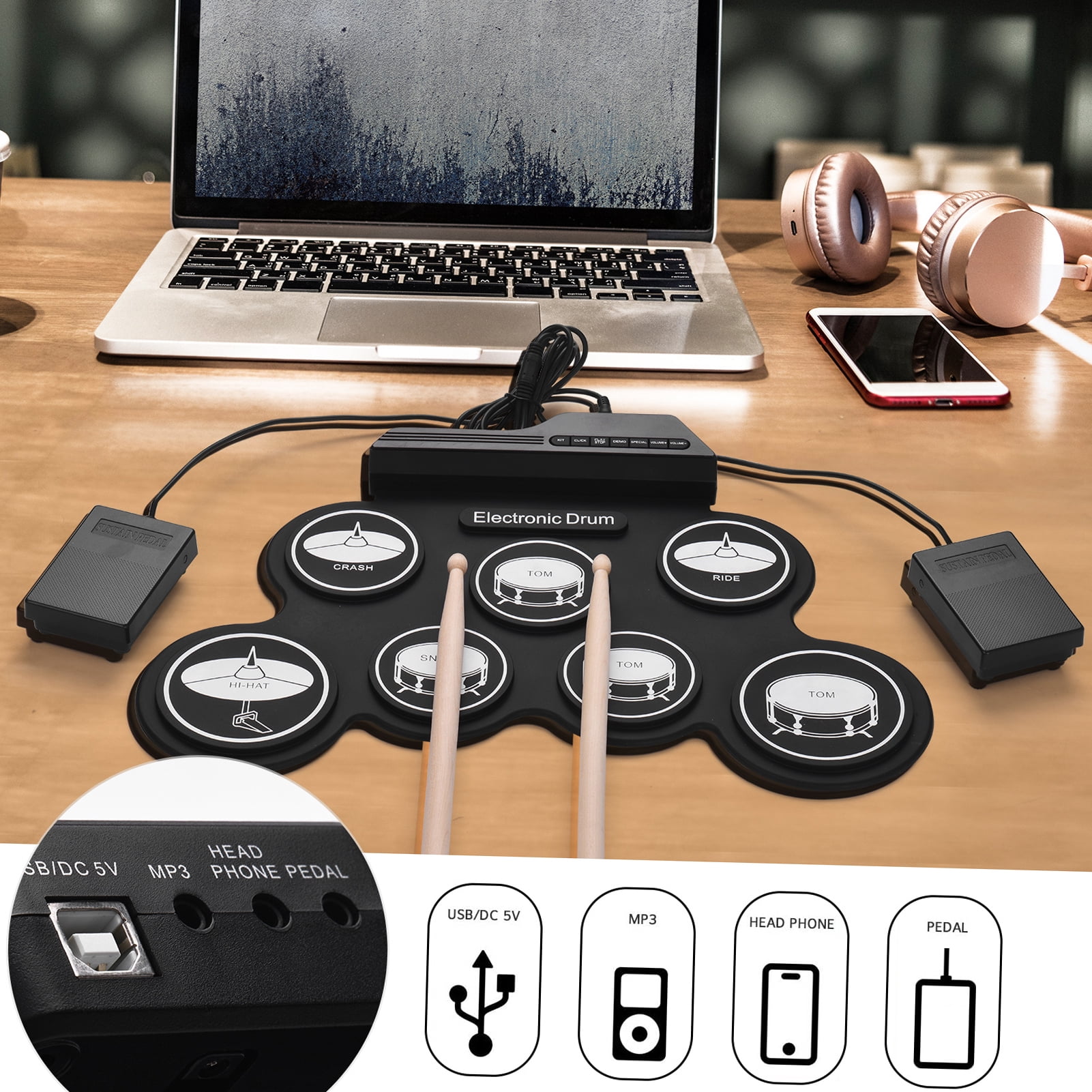 Carevas Compact Size USB Roll-Up Silicon Drum Set Digital Electronic Drum Kit 7 Drum Pads with Drumsticks Foot Pedals for Beginners