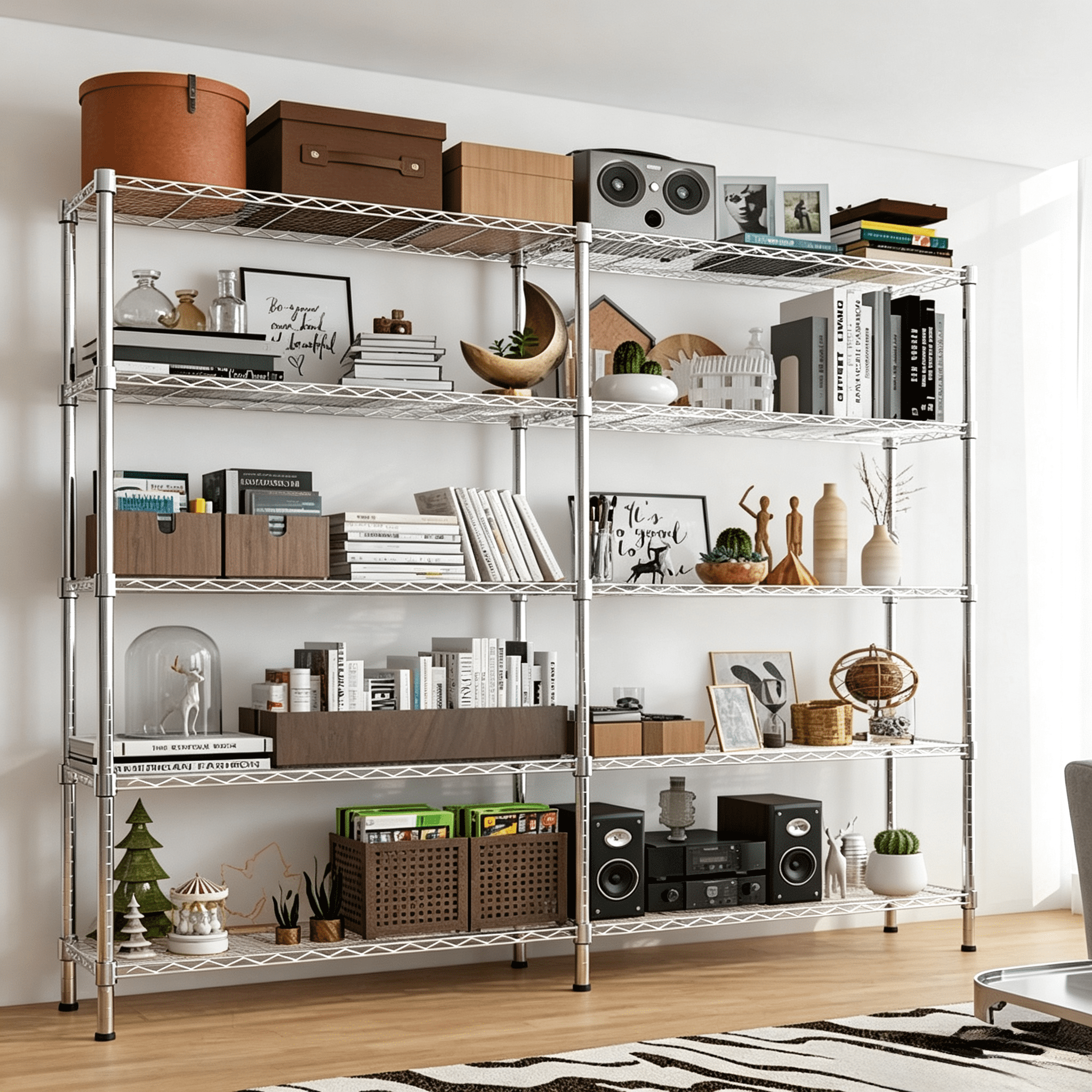 5-layer double row, freely adjustable layer spacing, with adjustable feet, display stand, iron, 147*35*180cm, chrome-plated