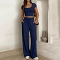 thumbnail image 5 of Women's Summer 2 Piece Matching Lounge Sets Short Sleeve Crop Tops Wide Leg Pants Airport Travel Outfits Navy L(L), 5 of 7