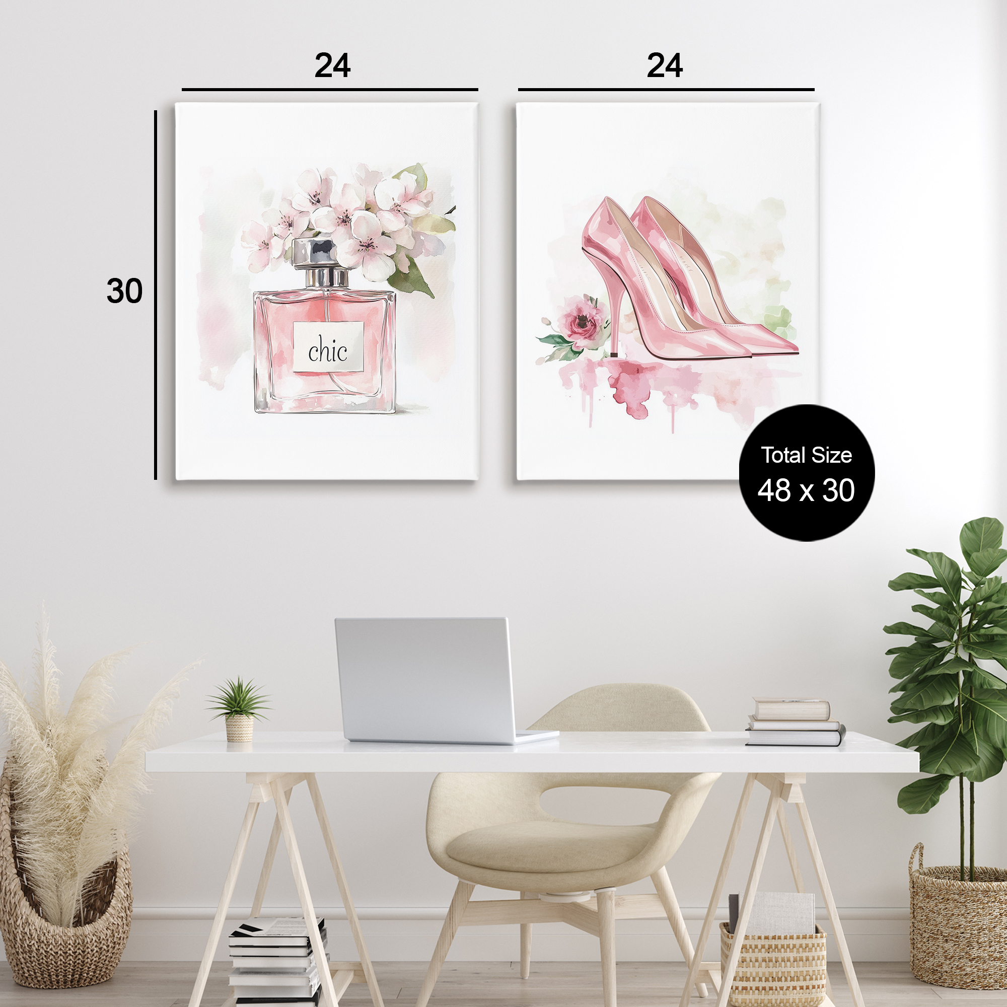 Rosy Pastel Perfume & Heels 2 Piece Canvas Wall Art Set, design by Christine Simpson Art