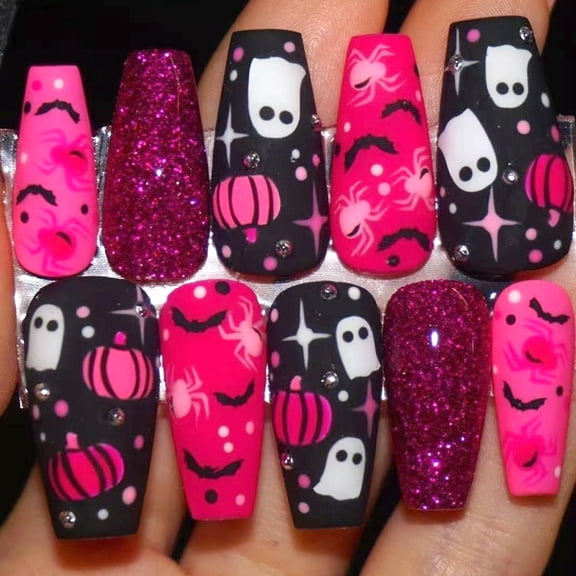SELVORIA 30Pcs Halloween Press on Nails Medium Length Fake Nails with Cute Ghost Pumpkin Bat Design Pink Black Glitter False Nails Square Shape Acrylic Nails Rhinestones Nail Handmade Stick on Nail