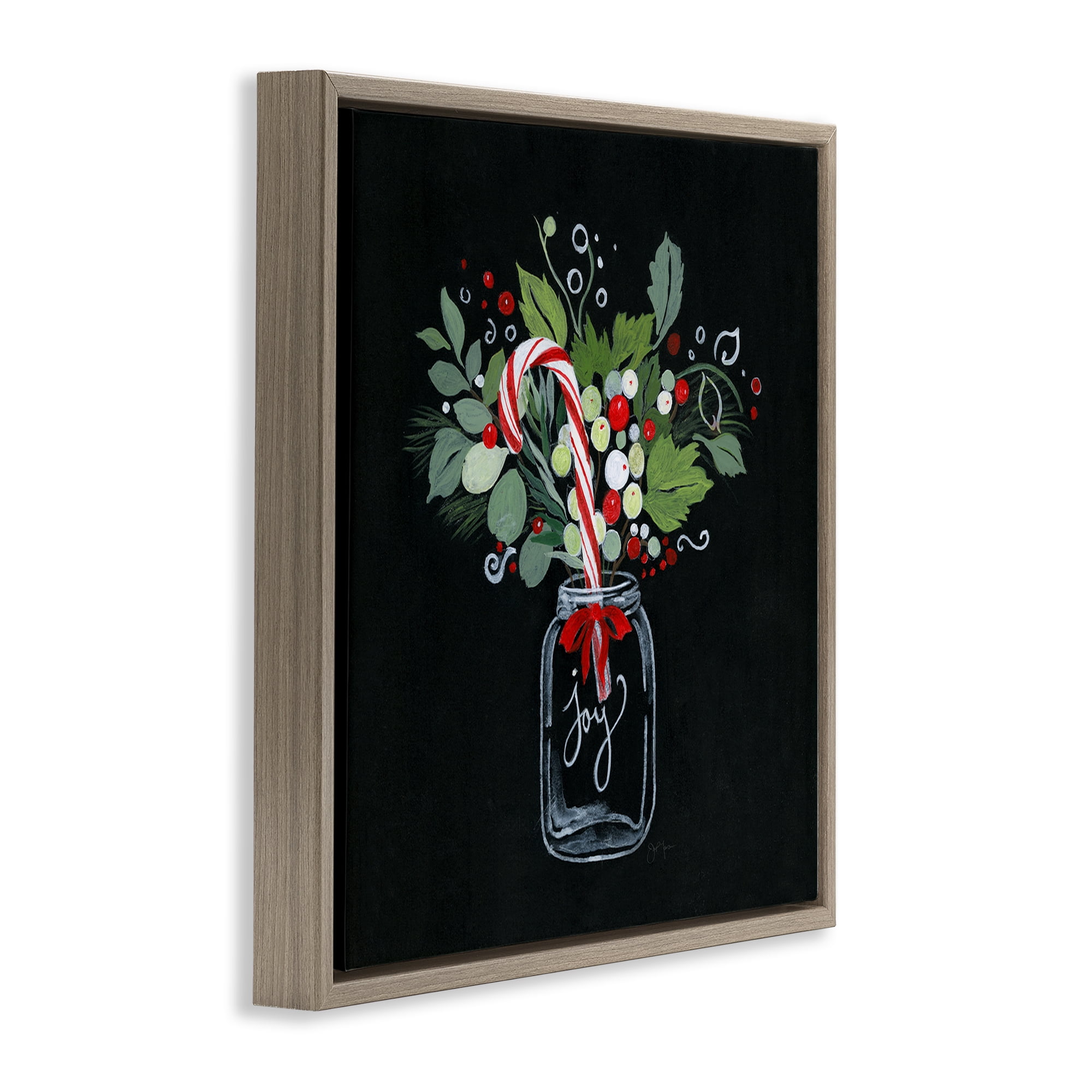 Stupell Industries Joy Candy Cane Jar Holiday Painting Brown Floater Framed Canvas Art Prints Wall Art, 25 x 25
