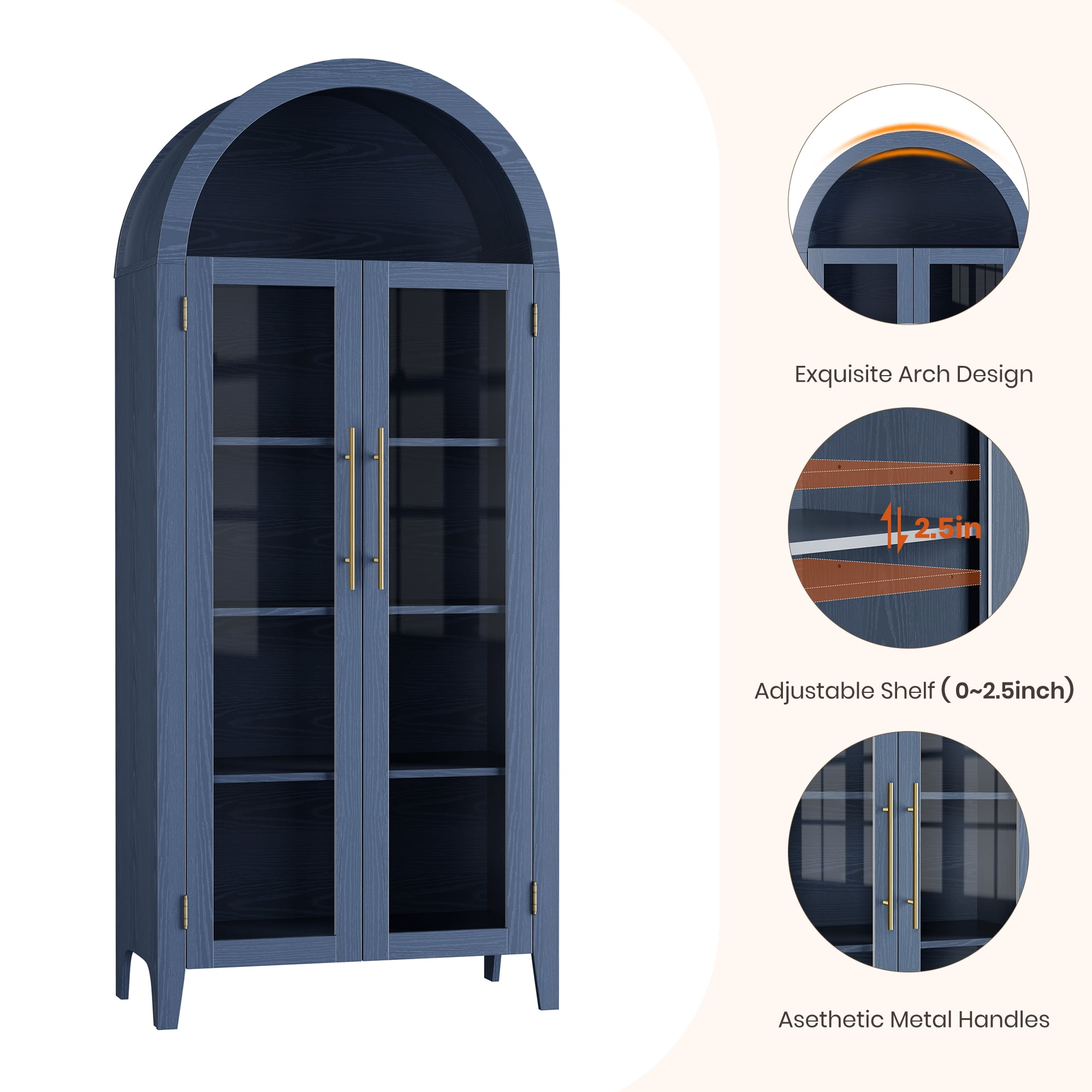 5-Tier Arched Bookcase, Bookshelf with Glass Door, Display Cabinet with Adjustable Shelves, Tall Storage Cabinet for Living Room, Modern Bookcase for Bedroom/Living Room/Home Office