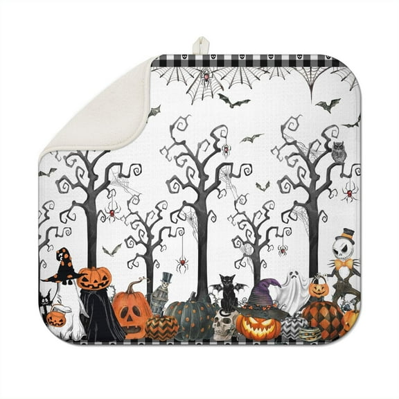 Halloween Dish Drying Mat for Kitchen Counter Pumpkin Spooky Ghosts Fall Dish Mat Absorbent Microfiber Reversible Dish Draining Mat Medium Dishes Pad 16 X 18 Inch