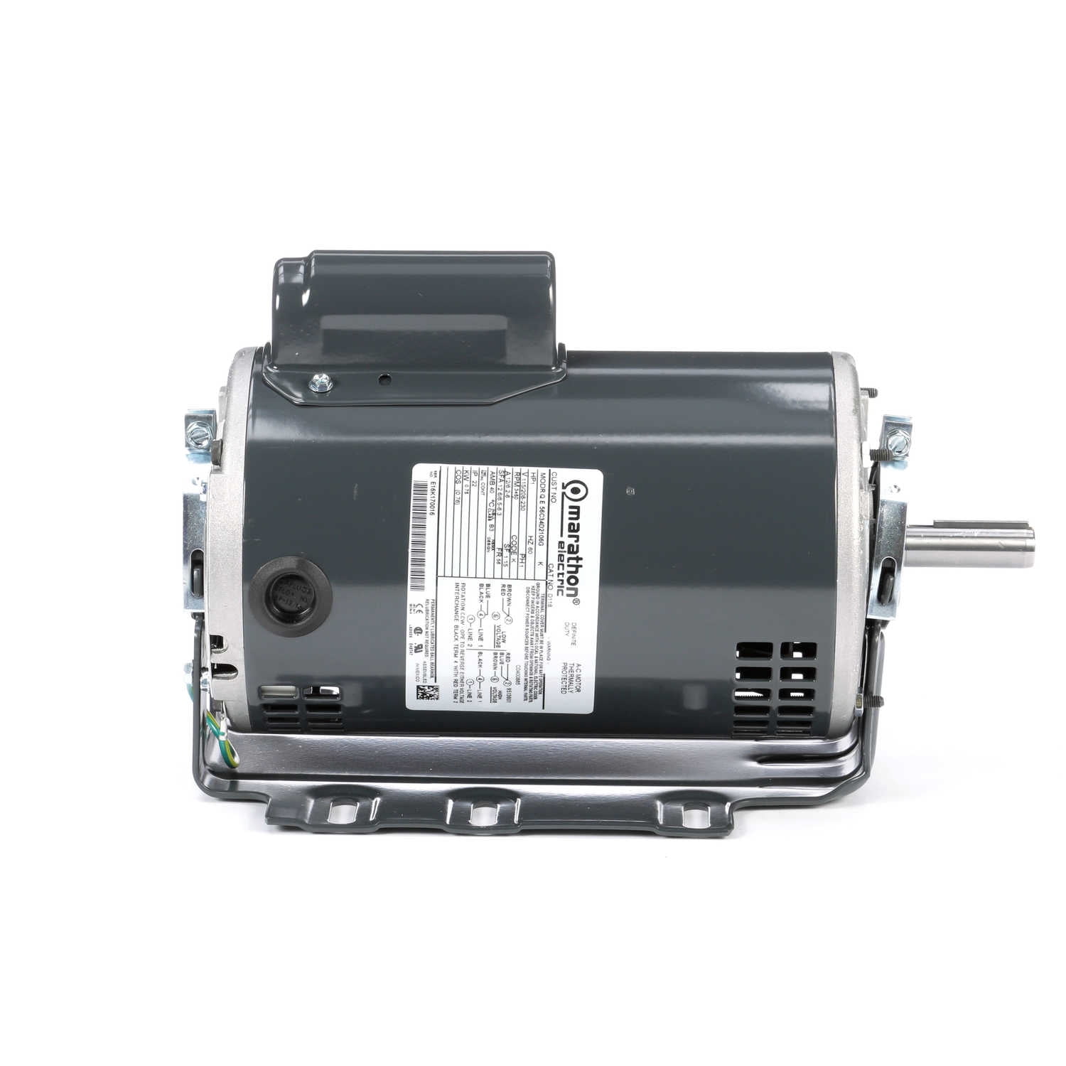 Marathon D118 56 Frame Open Drip Proof 56C34D2106 Belt Drive Motor, 1 hp, 3600 rpm, 115/208-230 VAC, 1 Split Phase, 1 Speed, Ball Bearing, Resilient Ring Mount