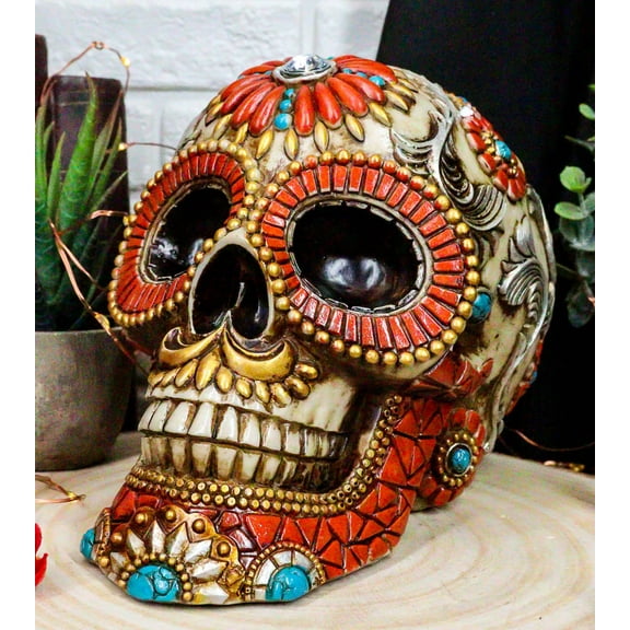 Aztec Indian Boho Mayan Fire God Tooled Floral Turquoise Orange Stones Skull