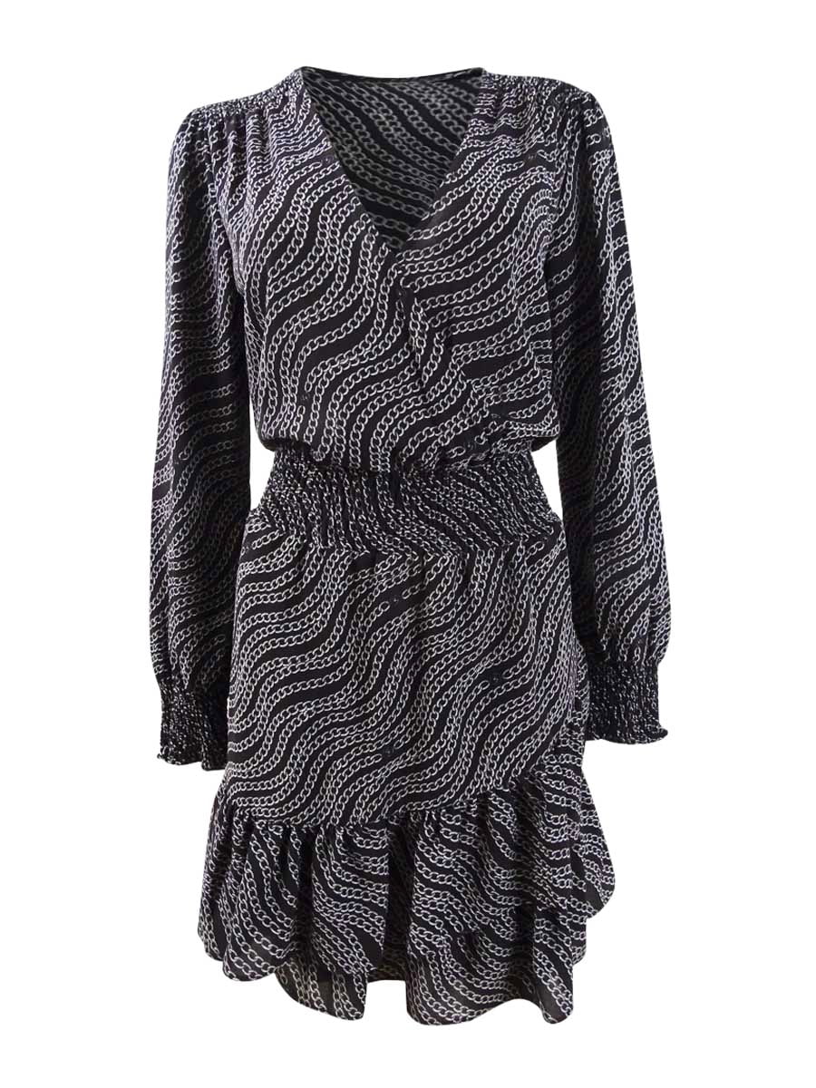 Dyrke motion langsom Kredsløb Michael Michael Kors Women's Ruffle Smocked Chain-Print Dress (M,  Black/Silver) - Walmart.com