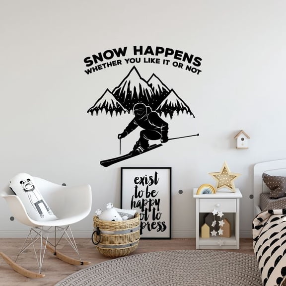 Snow Happens Whether You Like It Or Not - Skiing Snow Sport Silhouette Vinyl Wall Sticker Art Decal Sport Boys Girls Kids Room Design Bedroom Decor Skiing Snow Sport Vinyl Decoration Size (30x22 inch)
