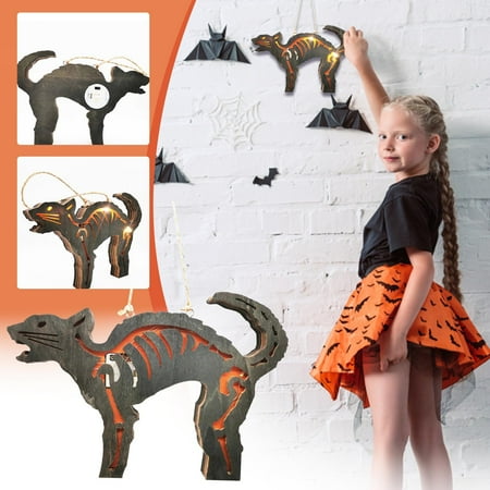 

jsaierl Halloween Wooden Crafts Luminous Wooden Lighting Pendant Ghost Festival Atmosphere Desktop Window Decorations