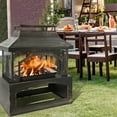 thumbnail image 4 of Large Outdoor Wood Burning Fireplace, house shape Outdoor Log Burner Fire Pit with Log Grate and Poker, 37" x 32" x 18" Large Metal Firepit for Patio Garden Backyard, Black, 4 of 7