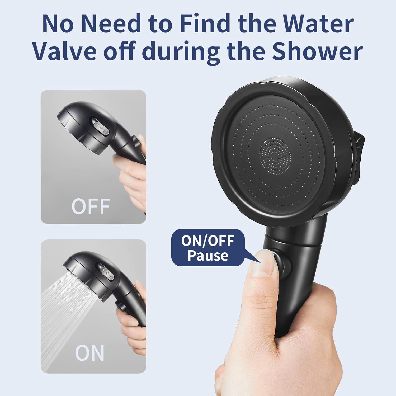 High Pressure Shower Head with Pause Button, 3 Spray Modes Shower Head for RV Camper, Water Saving On Off Shower, Handheld Shower Head with Hose and Adjustable Self-adhesive Holder ()