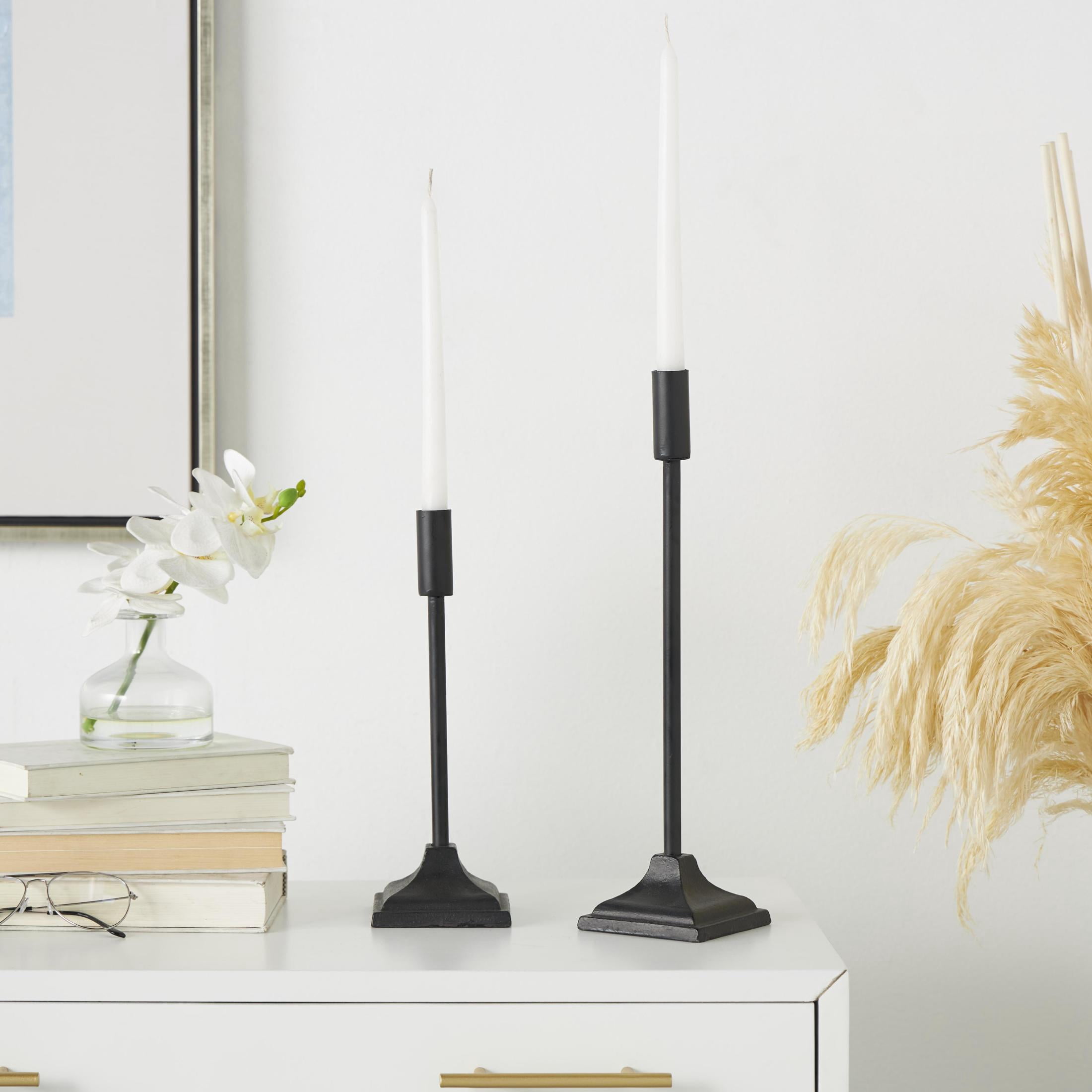 DecMode 2 Candle Black Metal Slim Weathered Candle Holder with Square Tapered Bases, Set of 2
