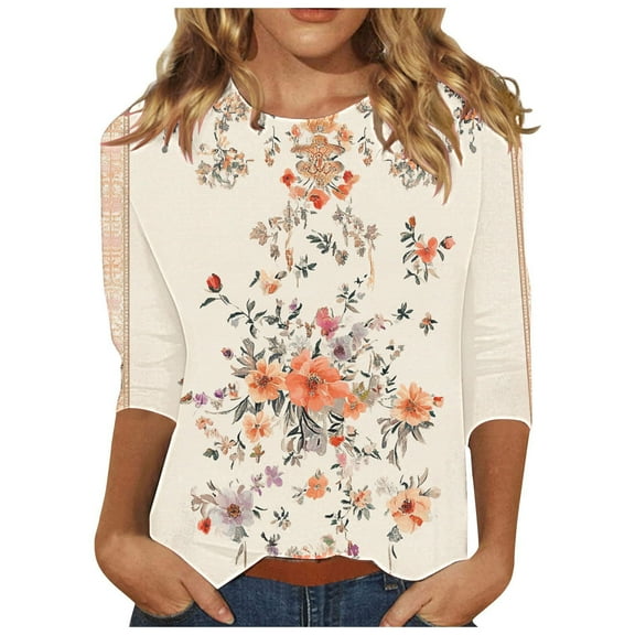 CYMMPU Summer Fashion Shirts 3/4 Sleeve Crew Neck Loose Fit Floral Pattern Blouses for Women Dressy Casual Tunic Tops Spring Tops Lightweight Basic T-Shirts Pink S
