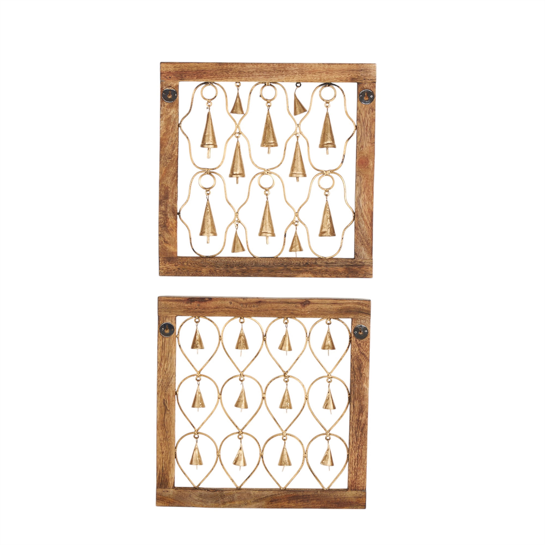 DecMode Wood Farmhouse Hanging Brown Decorative Bells in a  Square Frame with Tanished Brass Finish,  Set of 2 16"W x 16"H