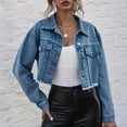 thumbnail image 1 of Vestes en denim pour Femmes Mode 2025 Chemise à Boutons Col Rabattu Manches Longues Veste Courte avec Poches, 1 of 3