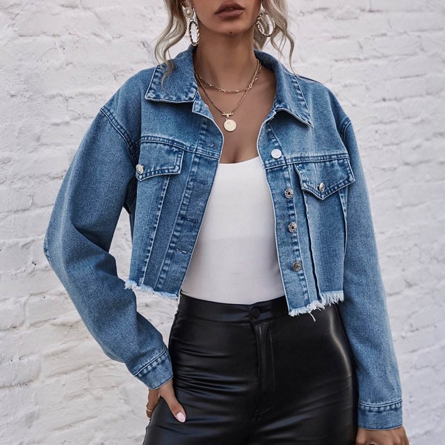 Vestes en denim pour Femmes Mode 2025 Chemise à Boutons Col Rabattu Manches Longues Veste Courte avec Poches