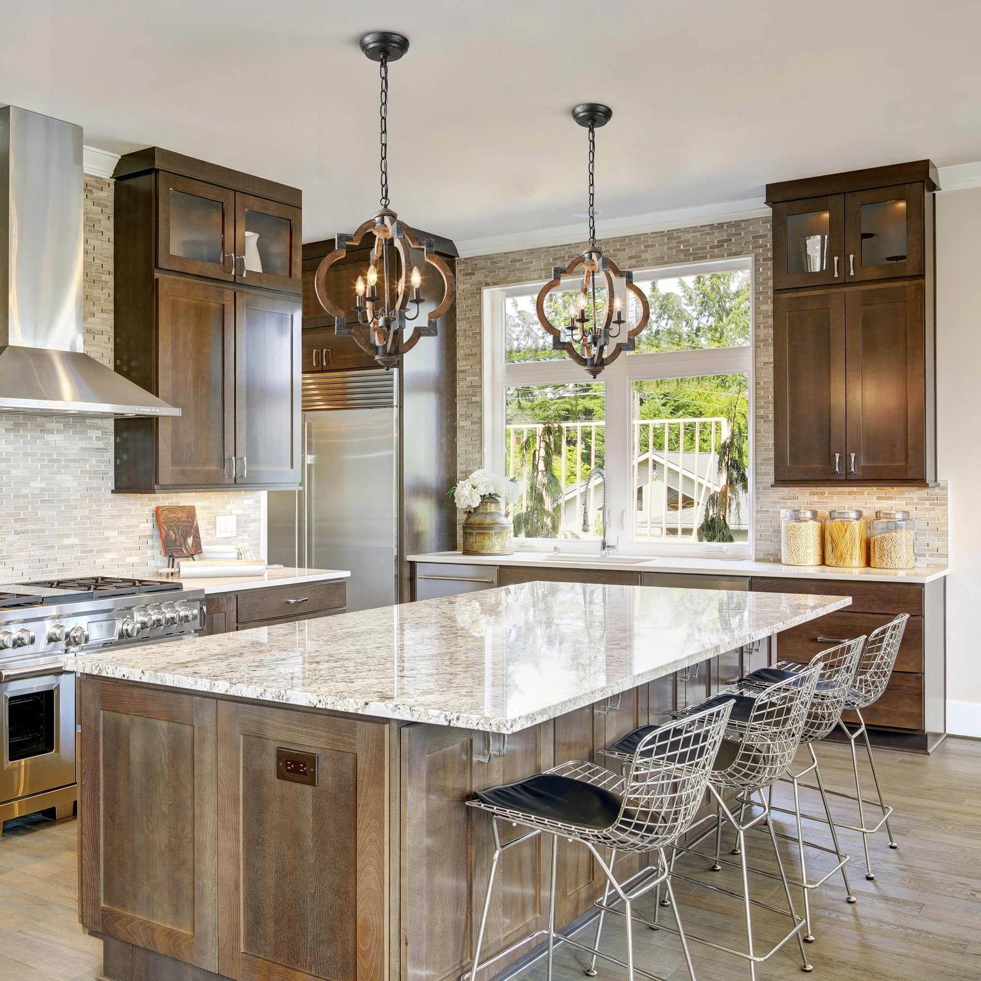 LNC 4-Light Distressed Wood and Black Farmhouse Lantern Chandelier for Kitchen