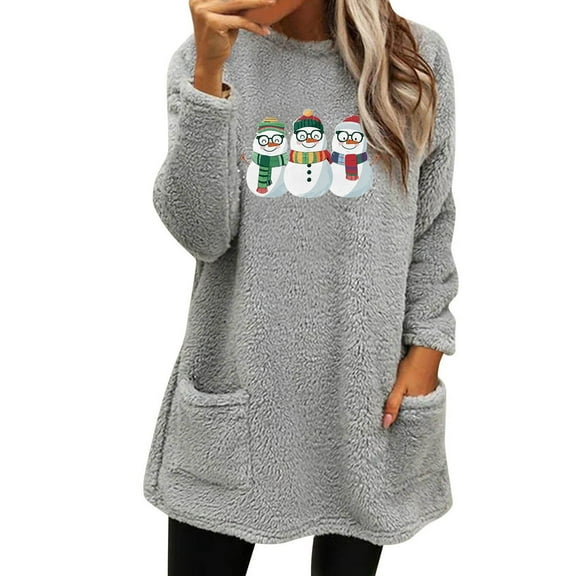 Lovskoo Fuzzy Fleece Pullover Tops for Women Winter Warm Printed Long Sleeve with Pocket Crewneck Solid Color Warm Top Gray