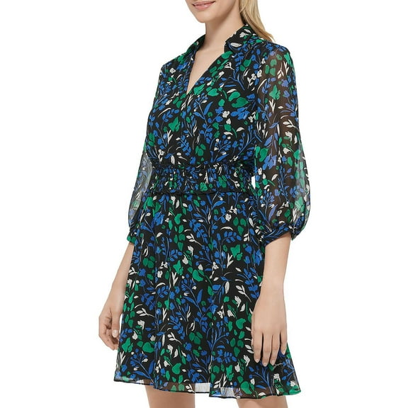 Women's V-Neck Printed A-Line Dress Black Multi 14