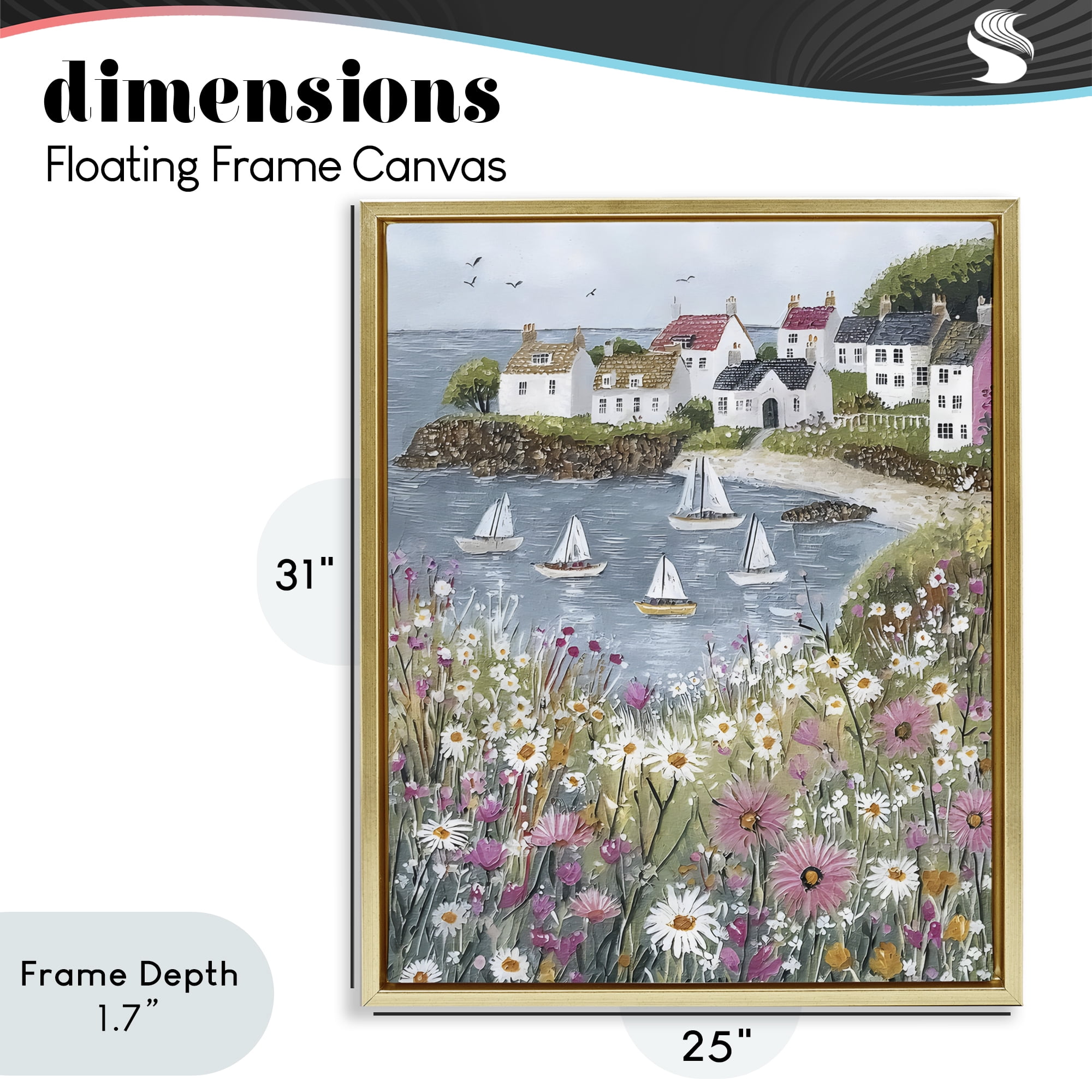 Stupell Industries Seaside Sailboats in Village Bay Gold Framed Floater Canvas Wall Art, design by Riley B