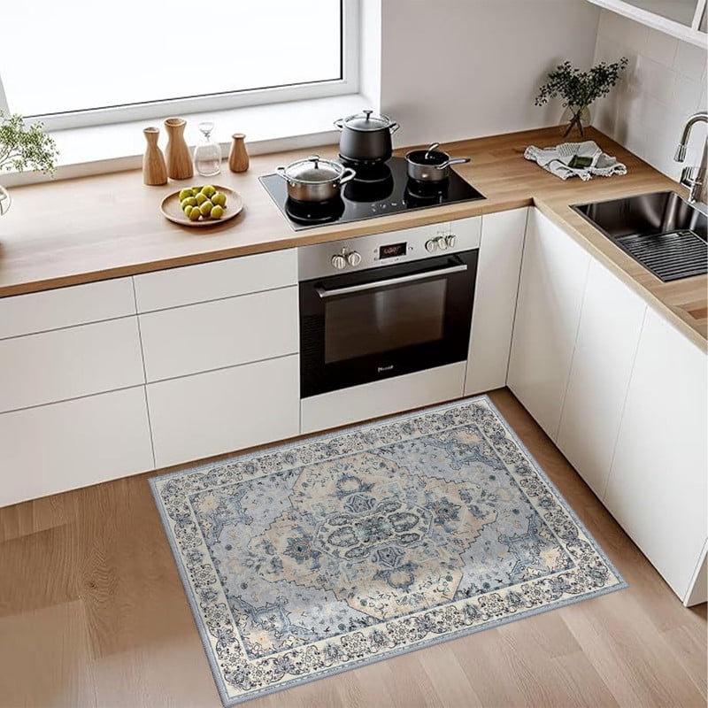 Jamfeel Washable Entry Rug Floral Print Washable Carpet 2x3 Small Rugs Entryway Kitchen Bedroom, Beige