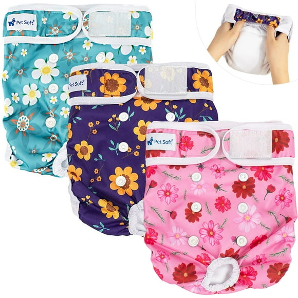 Pet Soft Couches Lavables pour Femme (Lot de 3) – Couches pour Chien Femelle, Couches Confort Réutilisables pour Petite Chienne en Période de Chaleur (Fleur Mignonne, L)